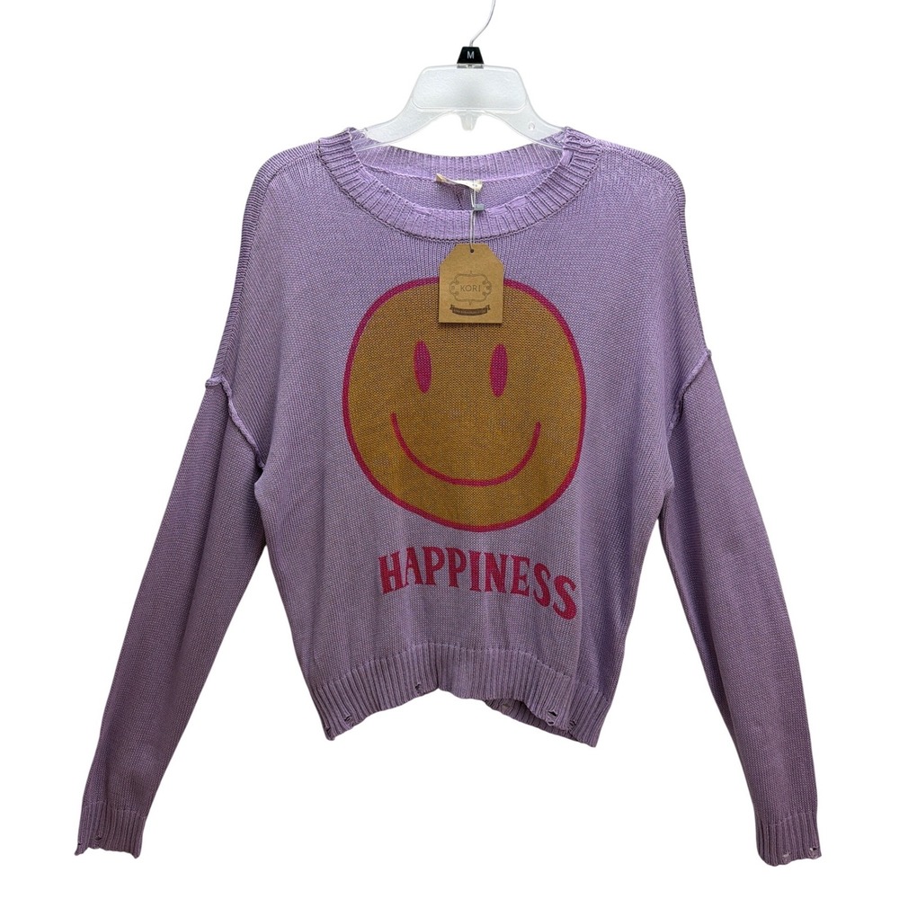 Kori Lavender Happy Face Happiness Graphic Lightweight Distressed Knit sweater M